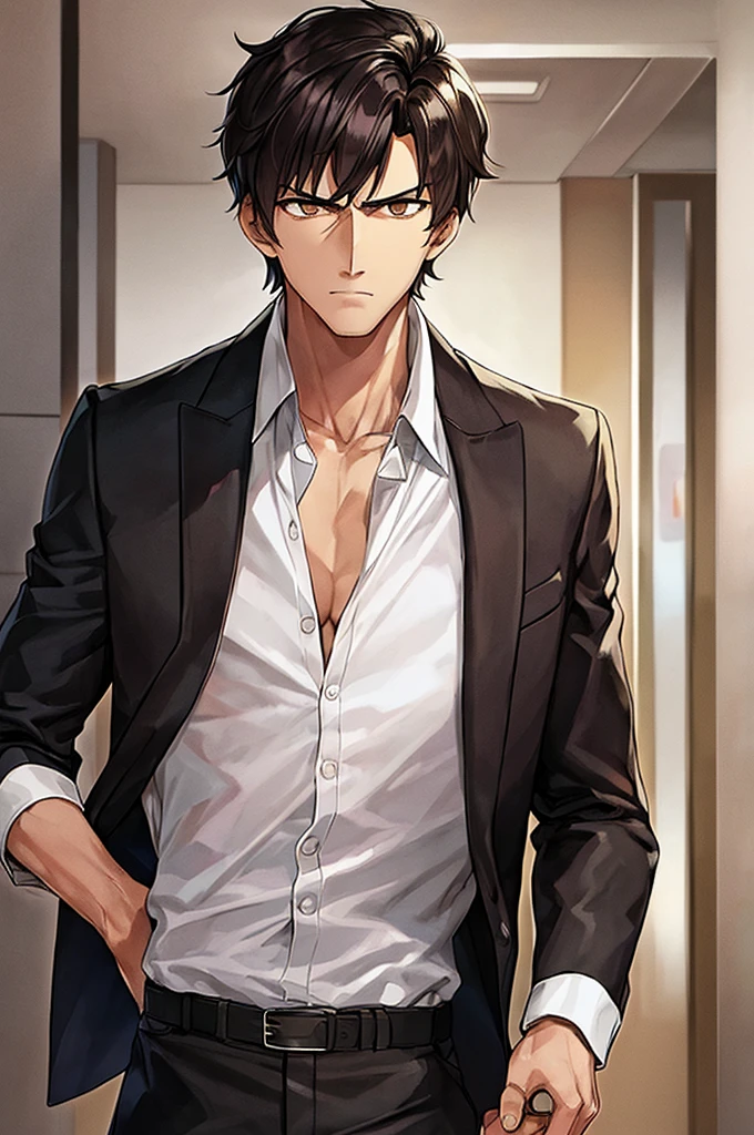 best quality, man, slim man, dark brown eyes, very short black hair, disheveled hair, beige detective jacket, white shirt tucked in, serious look, short hair, hands in jacket, looking forward.