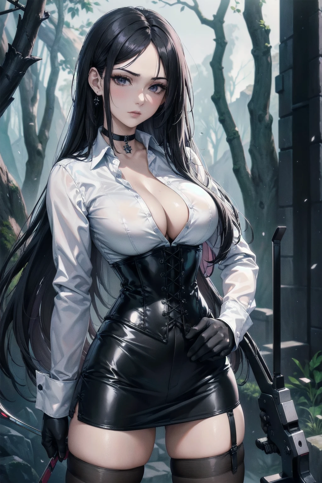 Masterpiece, Superior image quality, high resolution, 4k image,photo and gross, photorealistic, whole body, distant view, 1 young man of 15 years, {{{vagina}}}, big breasts, beautiful face, long black hair, black eyes, very detailed eyes, pink cheeks, serious expression, choker:1.6, (white collar button down long sleeve shirt), black gloves, gloves that cover hands, (holding a crossbow in his right hand), (black leather corset), (shiny black miniskirt), Sensual Lips, show details in the eyes, View from the front, looking at the viewer, dark forest path, evening, Atmosphere, fog