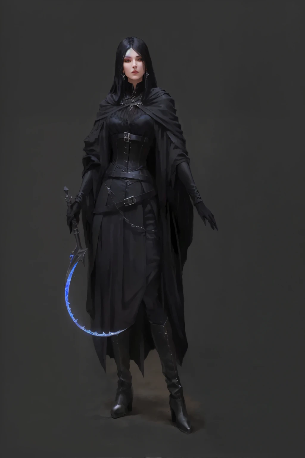 full length, thin sorceress with black hair, in medieval black neat clothes (black robe, a corset, belts, silver jewelry on the neck, high leather boots), holding a sickle in one hand, in another staff with a crescent-shaped pommel, look cute