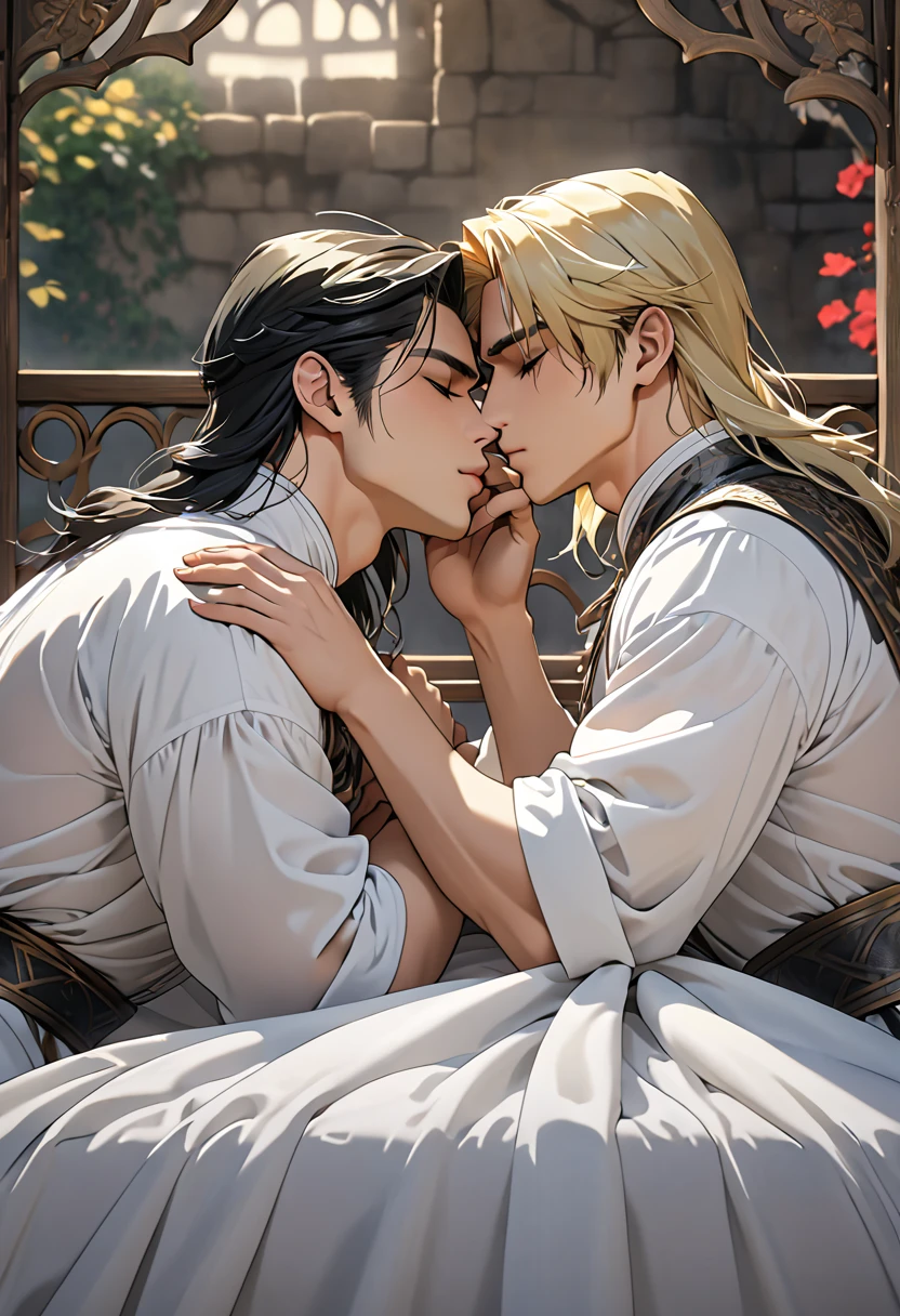 2 sexy males 25 year old, anime elves in a sensual pose medieval poster bed kissing under the sheer sheets, kissing each other, long blond/black hair, perfect intimate position, perfect composition, perfect hands and face, masterpiece, black/white color, UHD, 32k,