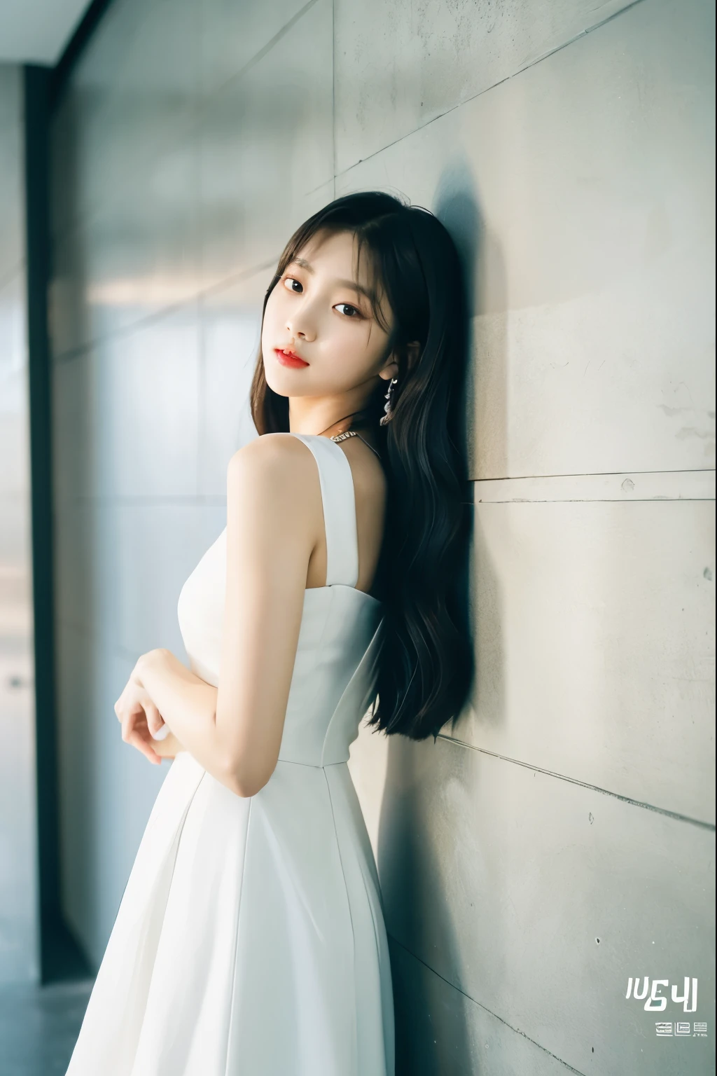 a woman in a white dress standing against a wall, jinyoung shin, jaeyeon nam, jossi of blackpink, portrait jisoo blackpink, jisoo of blackpink, portrait of jossi of blackpink, blackpink jennie, kim doyoung, lee ji-eun, lee ji - eun, park ji-min, jisoo from blackpink, heonhwa choe, ulzzang