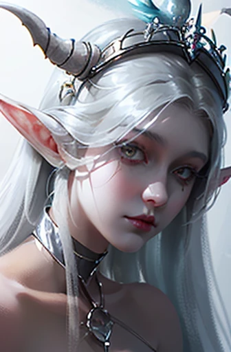 a close up of a woman in a white dress with a dragon on her head, concept art inspired by WLOP, Artstation contest winner, fantasy art, beautiful succubus, white horns queen demon, beautiful elegant demon queen, succubus | medieval, succubus, beautiful dark elf countess, demoness, hyperdetailed fantasy character, diablo 4 lilith, dark elf princess