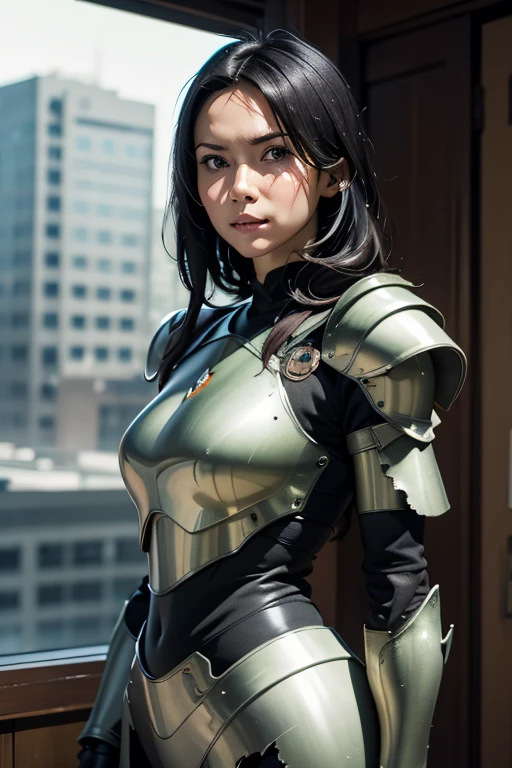 8k,Realistic skin texture、Superrealism、Realistic photos、Near future軍所属の日系女性パイロットが大型ロボットの腹部に設置されたコックピットに乗っている、Damaged moss green combat armored robot、Skull mark on armor、Near future、Unit Paint and Identification Number、Peeling paint、oil stains、Detailed Description、Dynamic pose、Armored Core