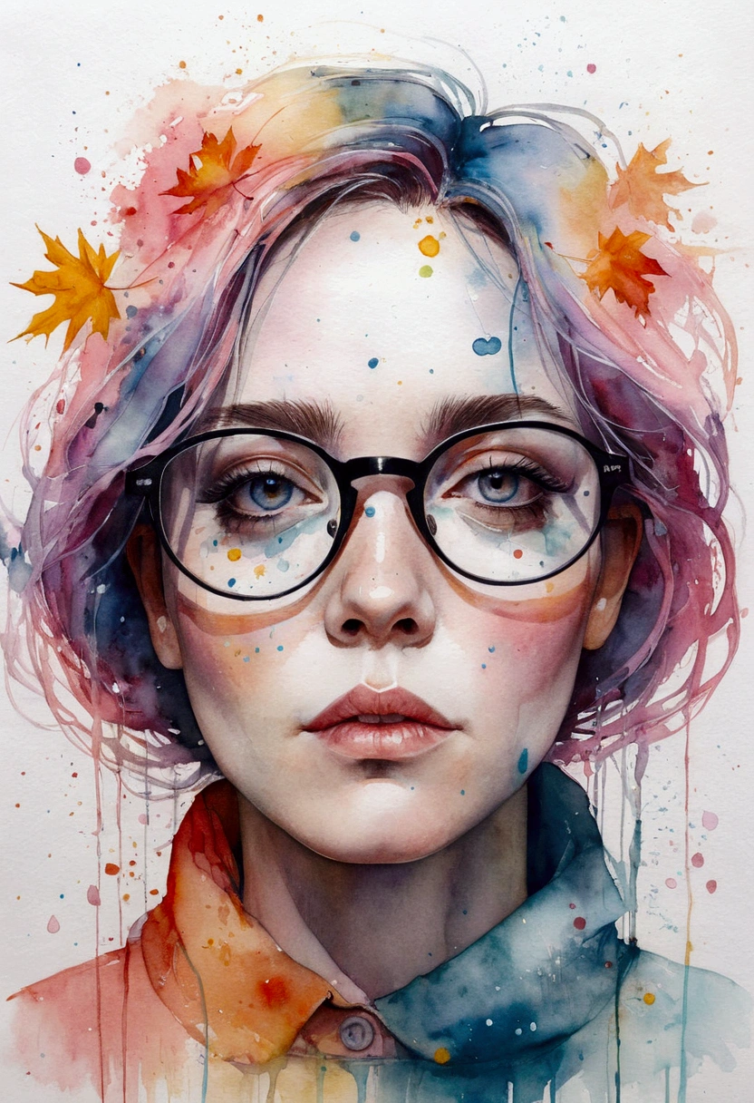 a painting by mse a woman wearing glasses by agnes cecile, luminous design, pastel colours, ink drops, autumn lights