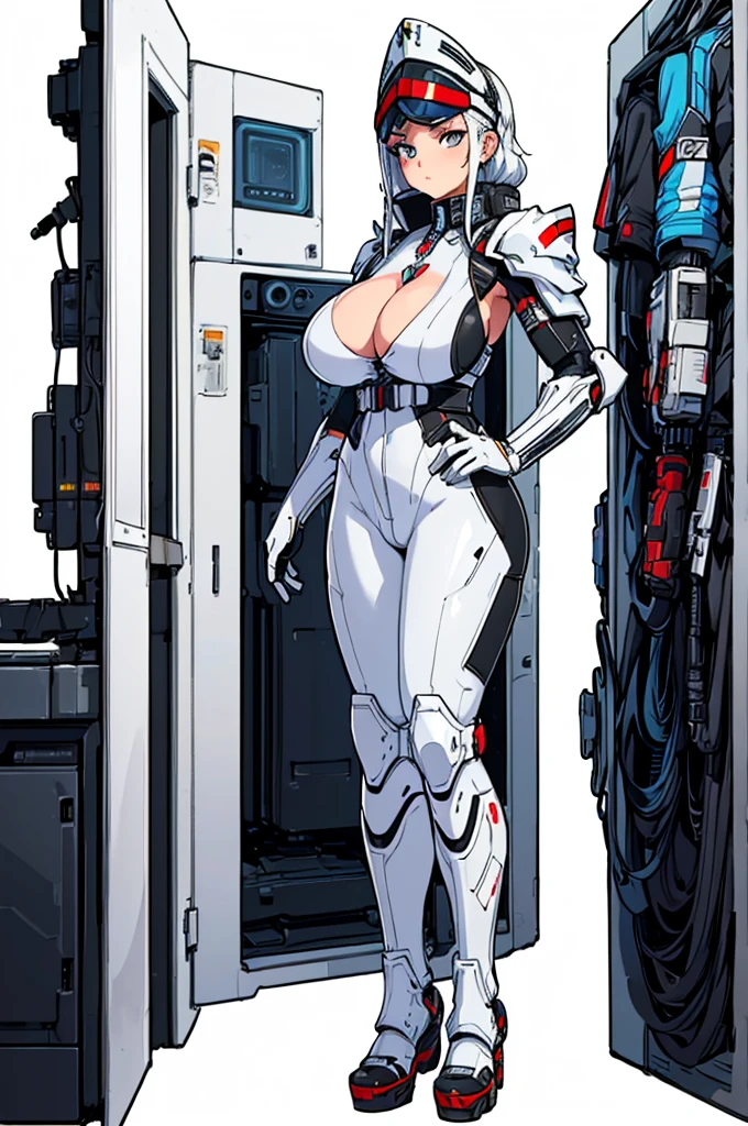 masterpiece, best quality, extremely detailed, (8K, 4K, Best Quality, hight resolution, 超A high resolution:1.1), ,8k portrait, Japaese android Girl,Plump , dark black leg cover,announcer,control panels,android,Droid,Mechanical Hand, Robot arms and legs, Black Robot Parts,Black long hair,Mechanical body,Blunt bangs,perfect mechanical abdomen,White robotics parts,perfect robot woman,future laboratory,cyber pank,charging spot,laboratory,long tube,thick cable connected her neck,white ceramic body ,perfect mechanical body, white robot body,lod antenna,mechanical ear cover,android,robot humanoid,black sponge joints,The removable cover is in the groin,The connection port is in the groin,opened chest panel,access panel on the chest,opened breast panel,perfect mechanical breast,perfect black machine body,perfect black android body,She has repaired,assembly plant,dark black tights,dark black leggings,smile,pussy,no human skin,visor