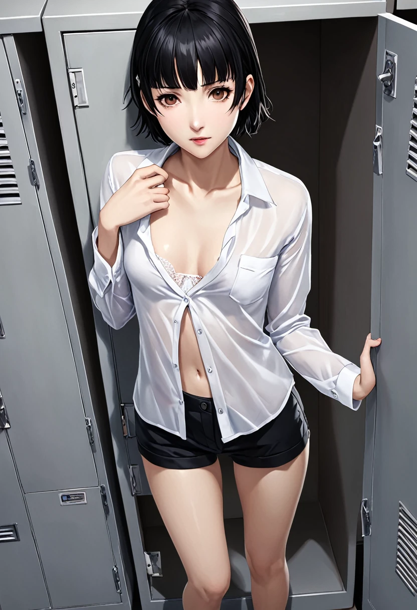 (((masterpiece) (((((Highest quality))))((high resolution))))), Very detailed, Ultra-realistic, )、、lockerルーム、Open shirt、White Bra、White panties、Black Hair、Small breasts、locker、Change of clothes、Expressionless、From above