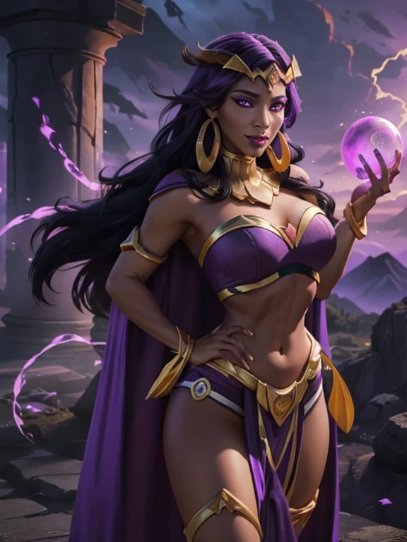 (best quality:1.3), (4K quality),masterpiece, best quality, high res, detailed, (Detailed face:1.2), (Detailed eyes:1.2), (Perfect figure:1.2), Fantasy style, Fantasy setting, A beautiful mature sorceress (1 girl), looking mature and alluring at 28 years old, dark-skinned female, with long purple flowing hair, purple eyes, purple iris, mascaras purple eyeshadow, smile, purple lipstick, skin covered in purple markings, (Wearing: golden headpiece, golden ringed earrings, purple cape, purple strapless top, purple loincloth, golden armlets, golden boots), looking mature and alluring at 28 years old, (detailed eyes, detailed lips, extremely detailed face), both hands glowing bright purple, purple magic, bright purple sparks in both hands, BREAK (Night time, outdoors, dark clouds in the sky, purple lighting, stone temple, stone structures, on the mountain top)
