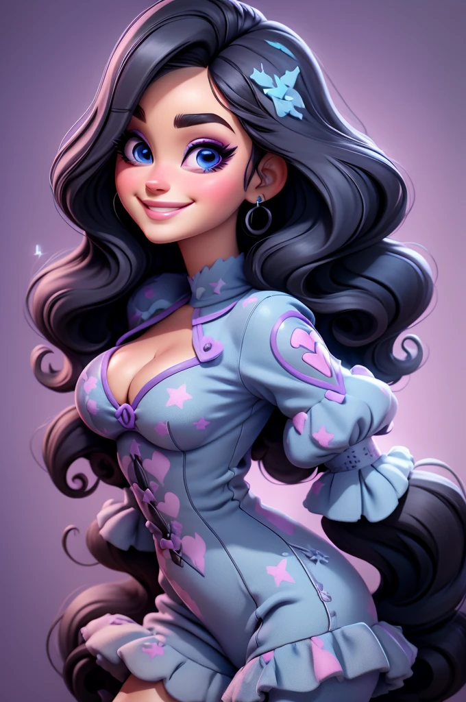 Katy Perry, purple glitter outfit, smiling, barbie
, black hair, blue eyes, bright eyes, black hair, white background, vivid, perfect