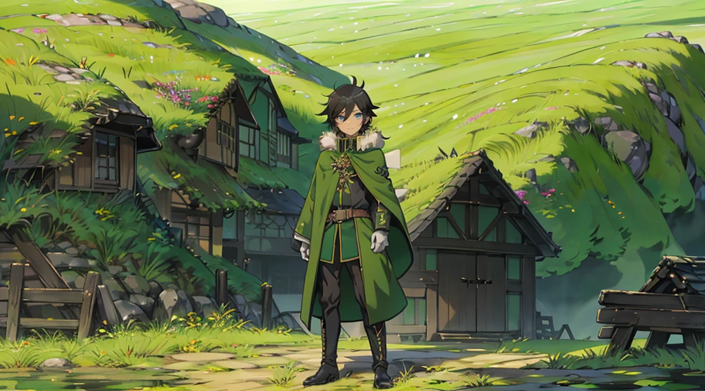yuichiro hyakuya, (WithoutFear:1), 1 boy, black hair, green eyes, brown coat, gray armor, green shield, green cloak, dark brown gloves, town, white fur trim, tall, anime, standing, good quality, portrait, looking at viewer