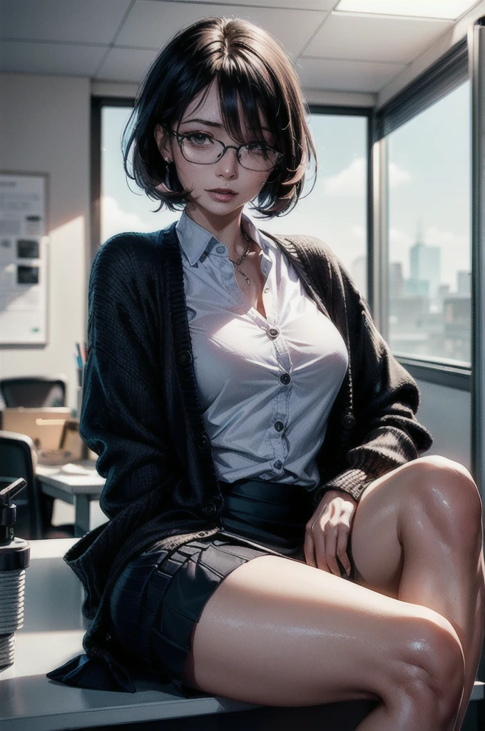 ((ultra realistic illustration:1.3)), Beautiful 18 yo woman of Scottish descent. Brunette, blue eyes, sexy figure, natural breasts, perfect ass, (bob cut),(bangs), Eyeglasses, cardigan, dress, black tights. high heels. Cute smile. Masterpiece, (highly detailed:1.2),(detailed face and eyes:1.2), 8k wallpaper, Moody lighting. core shadows, high contrast, bokeh.