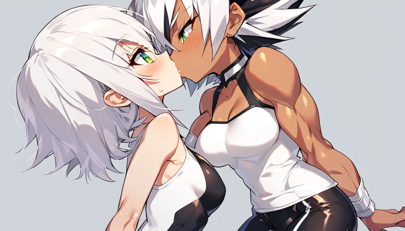 a girl, Saiyan, spiky white hair, green eyes, defined muscles, thin waist, wide hips, dark skin, medium breasts, tight clothes, white t-shirt, black pants, kissing, two girls kissing, the girls kiss
another girl, hair, tight and feminine clothes, kissing