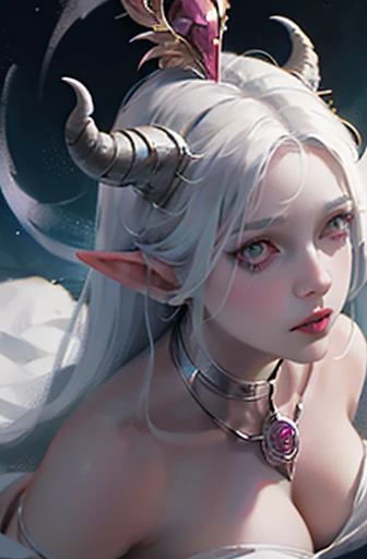 a close up of a woman in a white dress with a dragon on her head, beautiful succubus, white horns queen demon, beautiful elegant demon queen, succubus | medieval, succubus, beautiful dark elf countess, demoness, hyperdetailed fantasy character, diablo 4 lilith, dark elf princess, goddess. extremely high detail, female lord of change