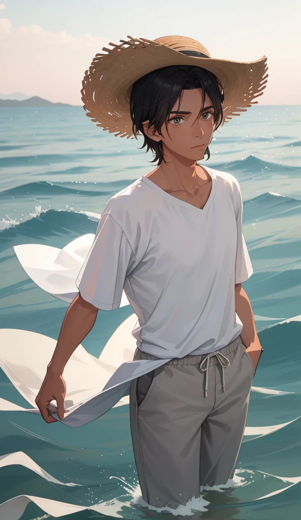 

Create an image of a serene beach at dawn with soft pastel hues in the sky, transitioning from pink to orange as the sun rises. A weathered  elf fisherman in his early 50s, with tanned skin, gray tousled hair, and a short beard, sits contentedly in a faded blue t-shirt, khaki shorts, and a straw hat. Nearby, a clean-shaven businessman in his mid-40s, with neatly styled dark hair and fair skin, wears a crisp white shirt, navy trousers, and brown shoes, looking curious and slightly perplexed. A small wooden boat with fishing nets rests on the smooth golden sand.