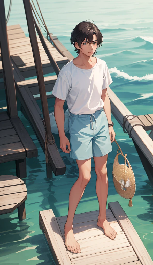 Create an image of a serene beach at dawn with soft pastel hues in the sky, transitioning from pink to orange as the sun rises. A weathered elf fisherman in his early 50s, with tanned skin, gray tousled hair, and a short beard, sits contentedly in a faded blue t-shirt, khaki shorts, and a straw hat. Nearby, a clean-shaven businessman in his mid-40s, with neatly styled dark hair and fair skin, wears a crisp white shirt, navy trousers, and brown shoes, looking curious and slightly perplexed. A small wooden boat with fishing nets rests on the smooth golden sand.