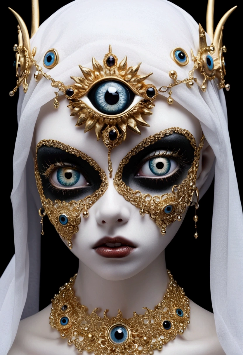 Grotesque Aesthetics:One-eyed sculpture,Tears,There are many eyeballs growing on the skin of the face,Eyeball Necklace,Eyeball Crown,Realistic eyeballs,teeth,Distorted face, Solitary,black background,crown,veil,3D eye bead necklace,