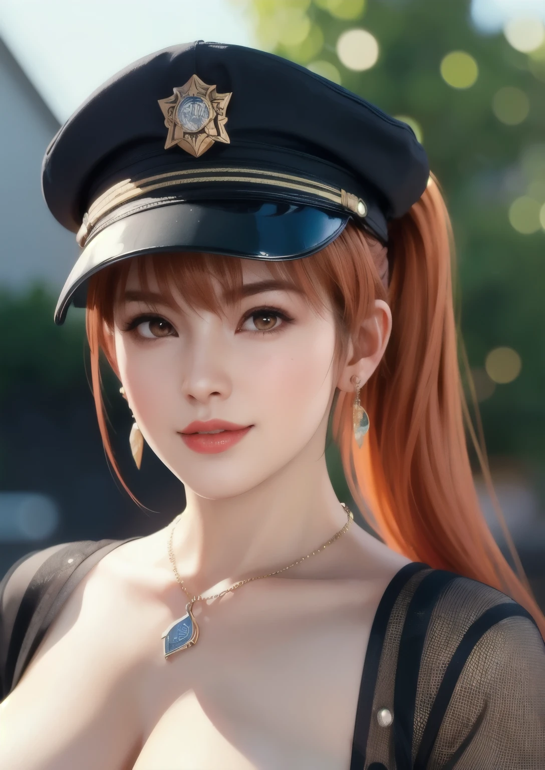 Full body shot of Kasumi, Young face, orange Hair, ponytail,  , Vivitone, alone, Shyly lowered face, Red cheeks, Shy laugh, A pose with a slight twist of the upper body, Side lighting, Shallow and sharp depth of field,(Very detailed),Realistic, (masterpiece), (High resolution), (8k wallpaper)， orange hair，huge breasts，Low-cut，Cleavage，earrings，necklace，pantyhose，Red lips，red lip，Huge breasts，super huge breasts，cops，lady officer，police officer，Police Uniform，Police hat，Sheriff