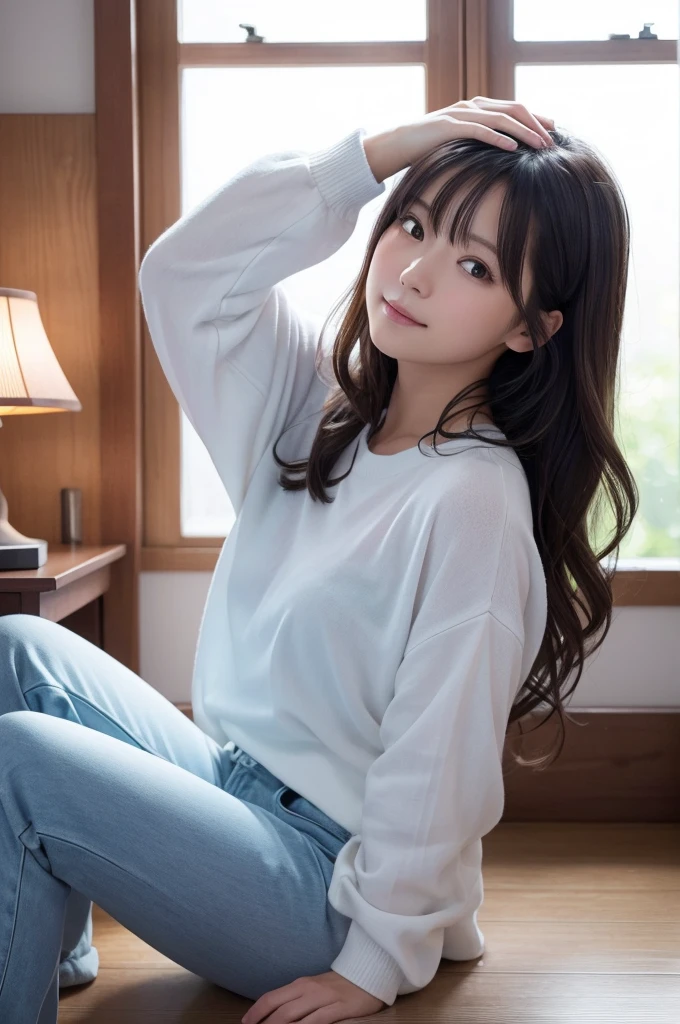 この画像の詳細promptは以下の通りです:
**prompt:**
Depicts a beautiful Japanese girl character sitting by the window。She has medium-long wavy hair、Has clean white skin。The background is a modern room illuminated with blue lighting.、The light from the window is soft.。The character is wearing a thin white camisole and pants.、There is a relaxed atmosphere。Posing with one hand on head、Place your other hand on the floor、It's a natural posture, like gazing out the window.。The technique of illustration、The depiction of light and shadow is realistic.、Costume textureや肌の滑らかさが細かく表現されています。In portrait mode、Ultra-realistic live-action finish。
**Specific elements:**
- Beautiful Japanese girl character - Medium long wavy hair and white skin - Modern interior with blue lighting - Soft light from the window - Thin white camisole and pants - One hand on head、Natural pose with other hand on the floor - Realistic depiction of light and shadow、Costume texture、肌の滑らかさの細かい表現
- 縦画面の構図
- 超リアルな実写系の描写
このpromptに基づいて、I will create an illustration that brings out the beauty of the characters and the atmosphere of the blue lighting in the background to the fullest.。