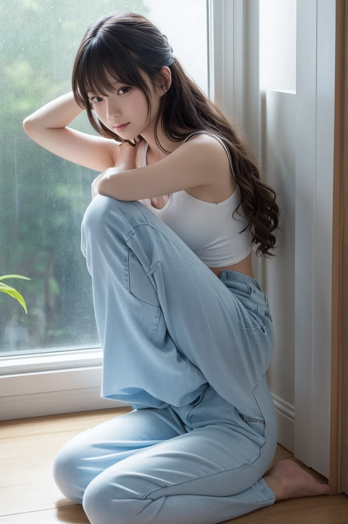この画像の詳細promptは以下の通りです:
**prompt:**
Depicts a beautiful Japanese girl character sitting by the window。She has medium-long wavy hair、Has clean white skin。The background is a modern room illuminated with blue lighting.、The light from the window is soft.。The character is wearing a thin white camisole and pants.、There is a relaxed atmosphere。Posing with one hand on head、Place your other hand on the floor、It's a natural posture, like gazing out the window.。The technique of illustration、The depiction of light and shadow is realistic.、Costume textureや肌の滑らかさが細かく表現されています。In portrait mode、Ultra-realistic live-action finish。
**Specific elements:**
- Beautiful Japanese girl character - Medium long wavy hair and white skin - Modern interior with blue lighting - Soft light from the window - Thin white camisole and pants - One hand on head、Natural pose with other hand on the floor - Realistic depiction of light and shadow、Costume texture、肌の滑らかさの細かい表現
- 縦画面の構図
- 超リアルな実写系の描写
このpromptに基づいて、I will create an illustration that brings out the beauty of the characters and the atmosphere of the blue lighting in the background to the fullest.。