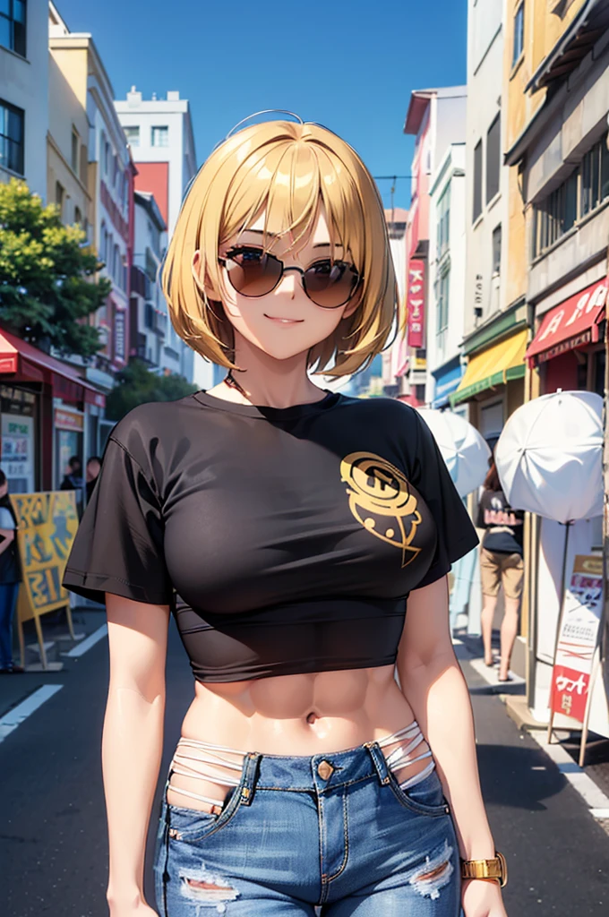 masterpiece, best quality, ultra detailed, ultra high resolution, very detailed face, solo, ((anime)), 20 years old girl, (((black t-shirt, croptop))), ((golden short hair)), ((jeans)), (((medium breast))), (six pack abs:1.2), ((eyes over the sunglassess)), ((little smile)), in the street