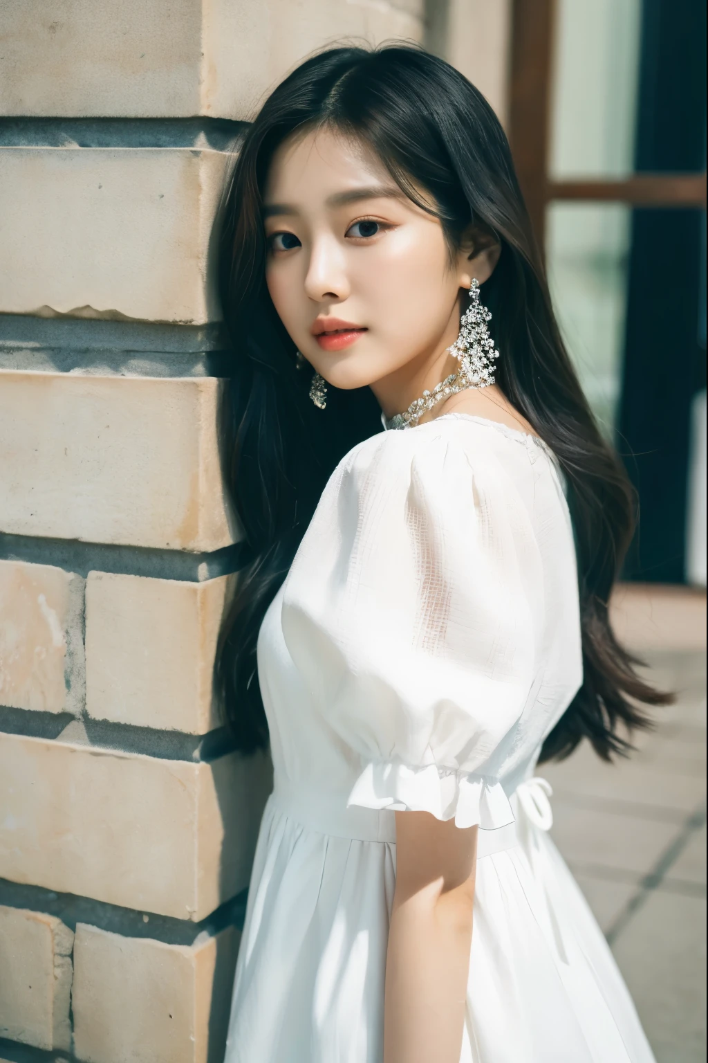 a woman in a white dress standing against a wall, jinyoung shin, jaeyeon nam, jossi of blackpink, portrait jisoo blackpink, jisoo of blackpink, portrait of jossi of blackpink, blackpink jennie, kim doyoung, lee ji-eun, lee ji - eun, park ji-min, jisoo from blackpink, heonhwa choe, ulzzang