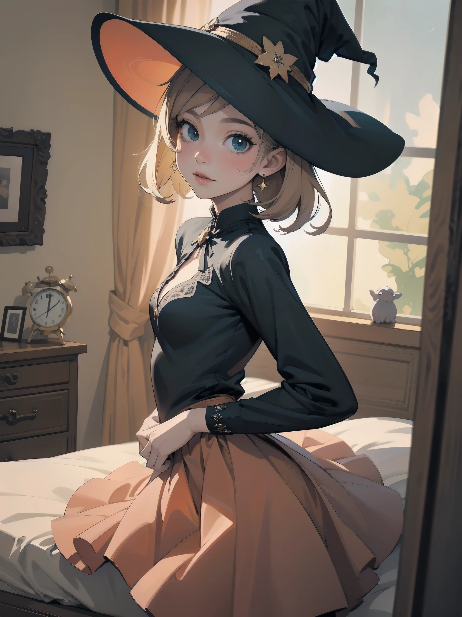 masterpiece, illustration, super detailed, kawaii, one girl, solo, witch in super cute pose, bed room, cowboy shot  ,sfw, Dynamic angle