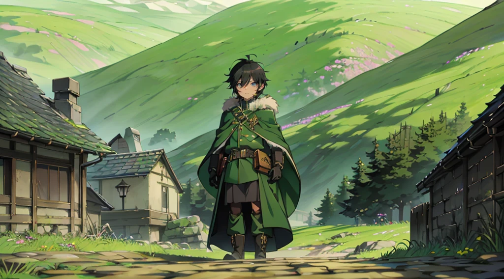 yuichiro hyakuya, (WithoutFear:1), 1 boy, black hair, green eyes, brown coat, gray armor, green shield, green cloak, dark brown gloves, town, white fur trim, tall, anime, standing, good quality, portrait, looking at viewer
