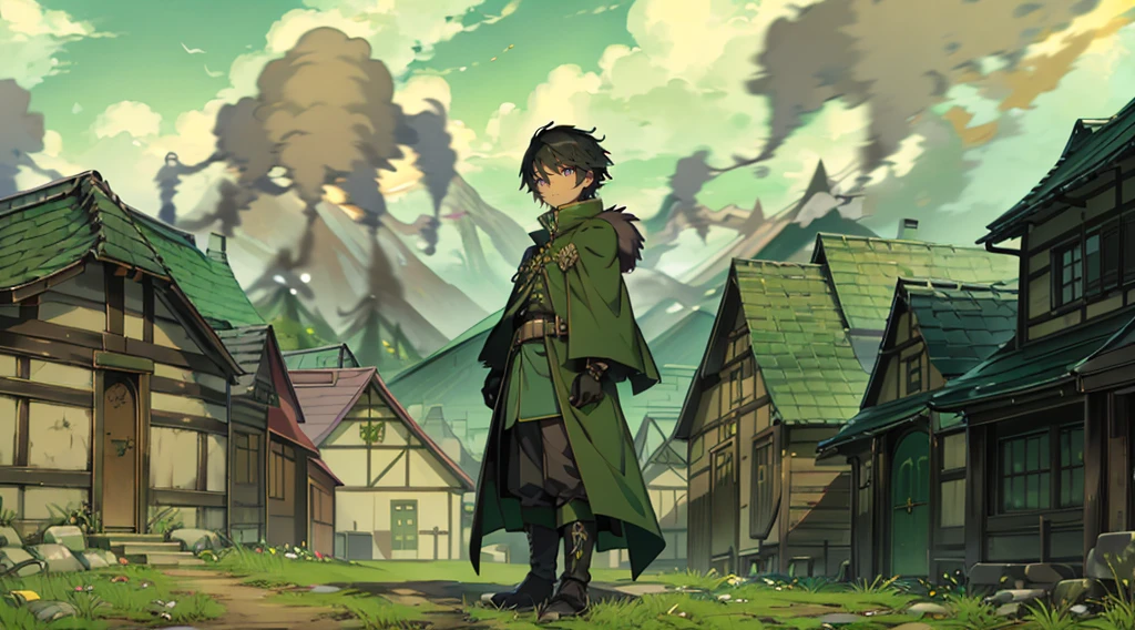 yuichiro hyakuya, (WithoutFear:1), 1 boy, black hair, green eyes, brown coat, gray armor, green shield, green cloak, dark brown gloves, town, white fur trim, tall, anime, standing, good quality, portrait, looking at viewer