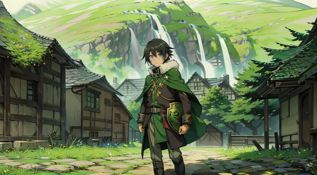 yuichiro hyakuya, (WithoutFear:1), 1 boy, black hair, green eyes, brown coat, gray armor, green shield, green cloak, dark brown gloves, town, white fur trim, tall, anime, standing, good quality, portrait, looking at viewer