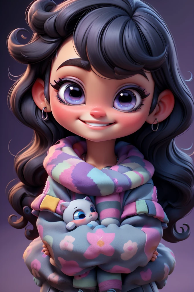 3d, baby, chibi, cute, Katy Perry, purple glitter outfit, smiling, barbie , black hair, blue eyes, bright eyes, black hair, white background, vivid, perfect