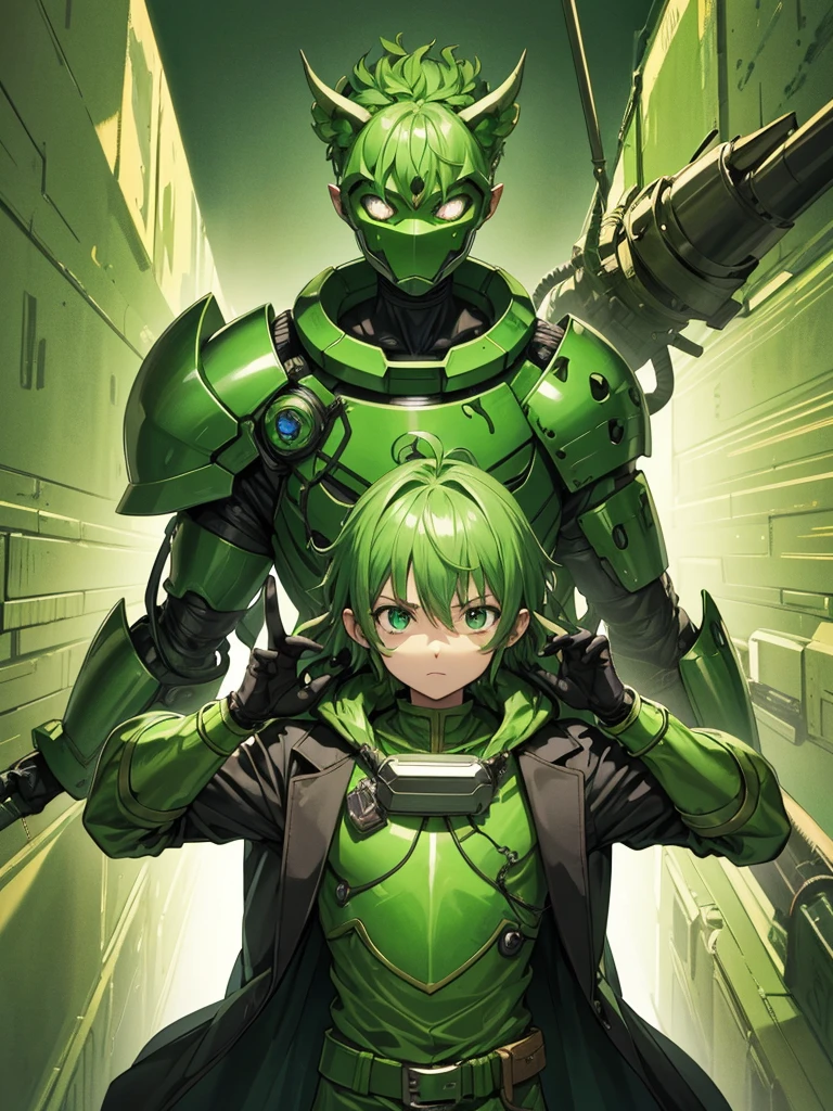 A chimera ant-like human wrapped in green armor,Skin color is green,Broccoli growing from head,The face is green,(juvenile),cyborg,Hunter x Hunter,