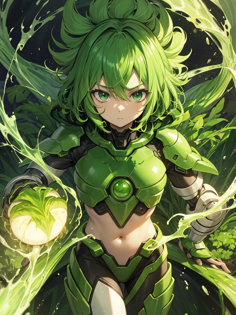 Giant Mutant woman, Light green skin, long light green hair, yellow glowing eyes, hard light green shell skin, Long Scorpion tail, Big Scorpion claw on left arm, long nails on right hand.