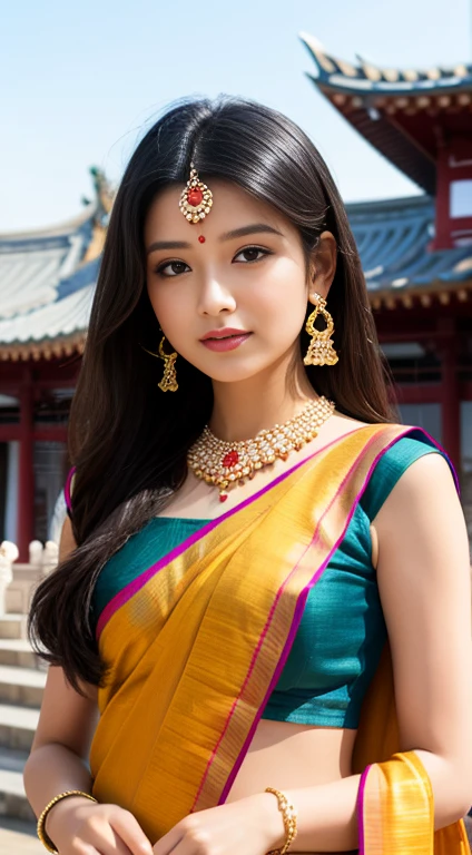 Please draw a beautiful woman wearing an Indian sari。She wears traditional jewelry、Standing in front of the temple。Black Hair
