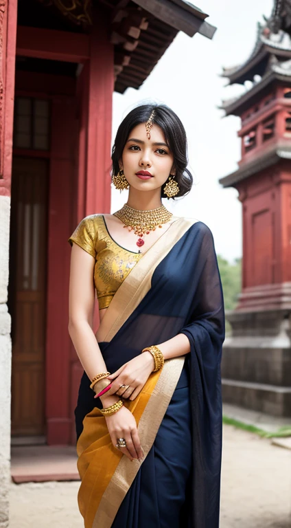 Please draw a beautiful woman wearing an Indian sari。She wears traditional jewelry、Standing in front of the temple。Black Hair
