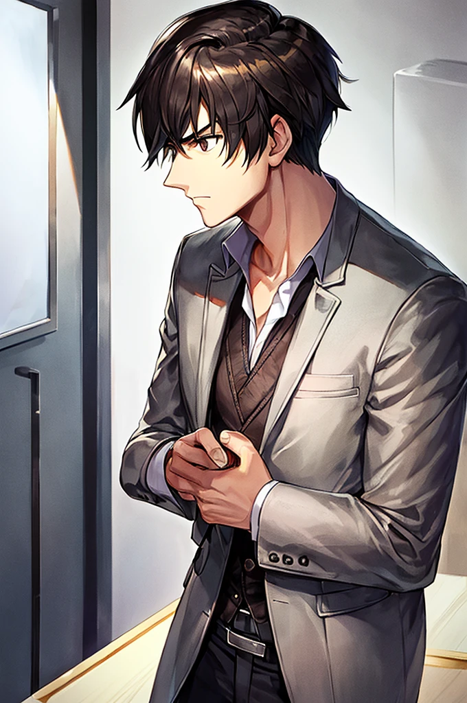 best quality, man, slim man, dark brown eyes, very short black hair, disheveled hair, beige detective jacket, white shirt tucked in, serious look, short hair, hands in jacket, looking forward.