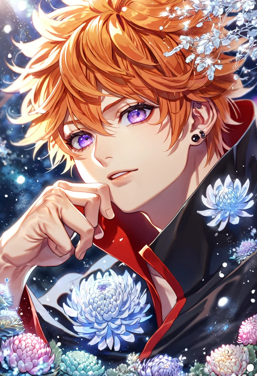 absurdres, highres, ultra detailed, HDR, master piece, best quality, extremely detailed, Peinn, orange hair, expressive purple eyes, Naruto Shippuden, solo, sexy man, handsome, black piercings, black coat, Akatsuki, fantasy, sparkling, ice glittering fireflies, ice moon, ice blossoms, ice chrysanthemums, blue sparkling lights, magical, snowing