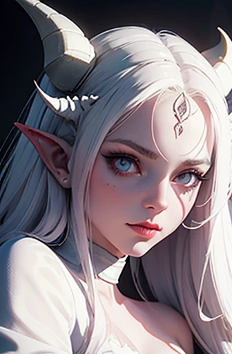 a close up of a woman in a white dress with a dragon on her head, beautiful succubus, white horns queen demon, beautiful elegant demon queen, succubus | medieval, succubus, beautiful dark elf countess, demoness, hyperdetailed fantasy character, diablo 4 lilith, dark elf princess, goddess. extremely high detail, female lord of change