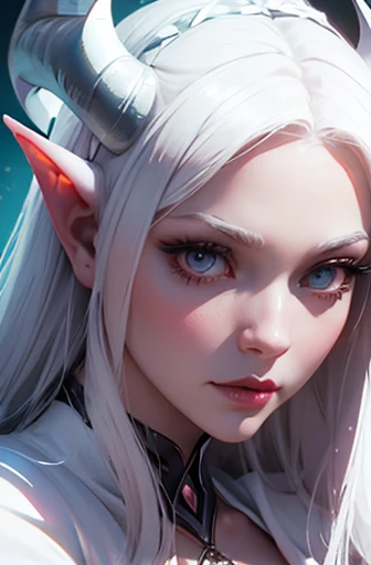 a close up of a woman in a white dress with a dragon on her head, beautiful succubus, white horns queen demon, beautiful elegant demon queen, succubus | medieval, succubus, beautiful dark elf countess, demoness, hyperdetailed fantasy character, diablo 4 lilith, dark elf princess, goddess. extremely high detail, female lord of change