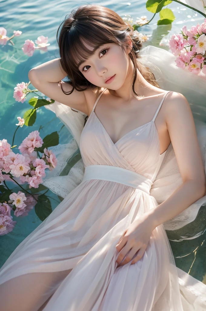 **prompt:**
A beautiful Japanese girl、Colorful large flowers々A scene of a woman relaxing surrounded by。Background of pastel colored flowers々Filled with、Soft light penetrates、The overall effect is a dreamlike and fantastical atmosphere.。The beautiful girl is wearing a thin dress、The skin is painted with a texture that makes it appear transparent.。The pose is lying down with arms stretched out.、Have a natural and relaxed posture。Her expression is calm、She has a dreamy expression as she bathes in the sunlight.。The technique of illustration、In addition to realistic expression of light and shadow、The subtle differences in the texture and color of the flowers are carefully depicted.。In portrait mode、Aiming for ultra-realistic live-action depictions。
**Specific elements:**
- Japanese beautiful girl - Pastel colored flowers々Background - Sheer dress surrounded by、肌が透けるような質感
- リラックスした自然体のポージング
- 穏やかでうっとりとした表情
- 光と影のリアルな表現
- 花の質感や色合いの微細な違いの丁寧な描写
- 縦画面の構図
- 超リアルな実写系の描写
このpromptに基づいて、I create illustrations that bring out the most of fantastical and beautiful scenes.。