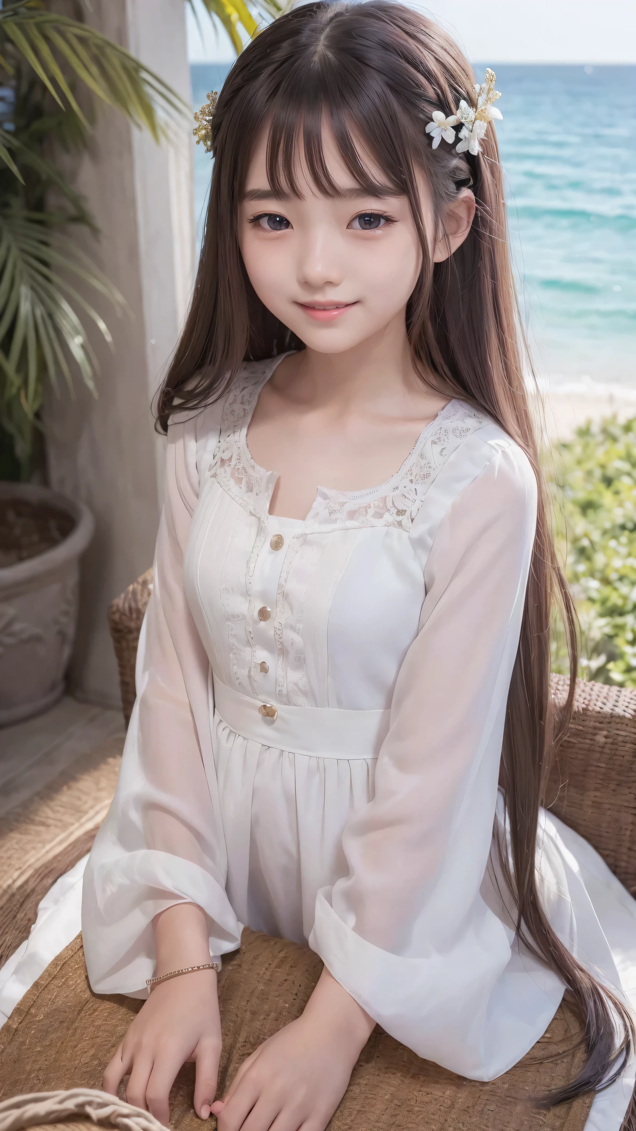 ((Attention to detail)),(Super detailed), Highly detailed CG Unity 8k wallpaper, beautiful girl,((Two people)), Highest quality, 8k, ((8--old)irl、Long straight hair、Summer outfit、((Happy smile))、((Bust Shot))、（sea）、