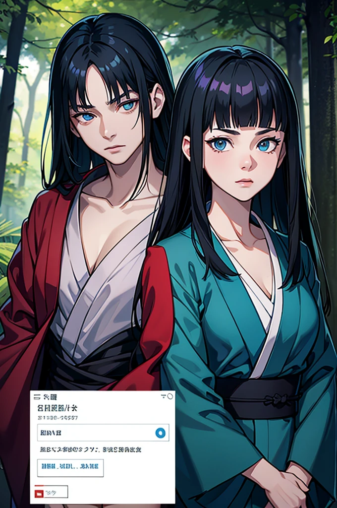 jujutsu kaisen screenshot of a woman with long straight black hair, with straight bangs, with slanted and small blue eyes, In a forest,with mature face, season 2, and with a kimono tsukesage suit