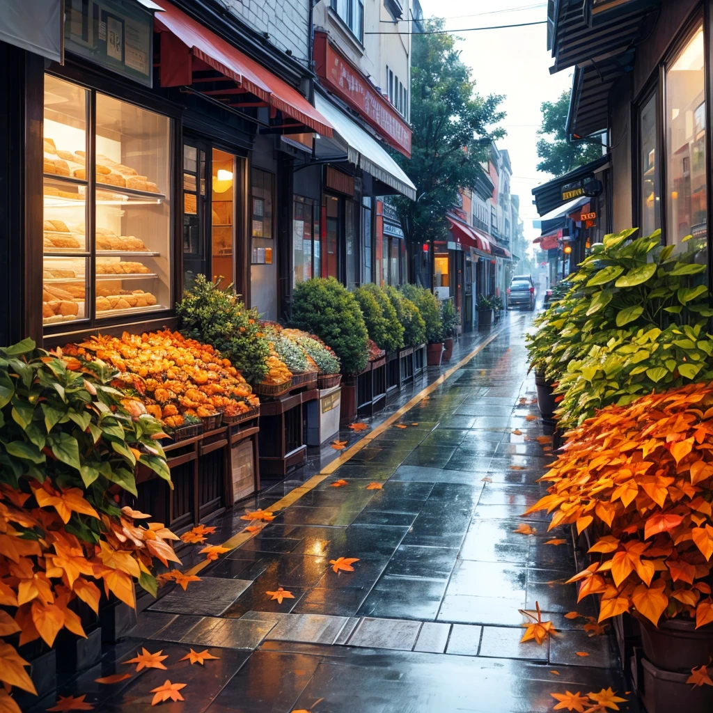 One street horizontally and one vertically in front of a bakery, a somewhat rainy climate, many trees with orange leaves lying on the ground, light and peaceful feeling.