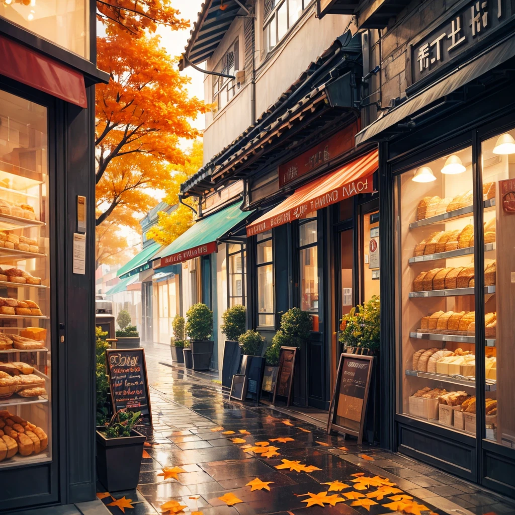 One street horizontally and one vertically in front of a bakery, a somewhat rainy climate, many trees with orange leaves lying on the ground, light and peaceful feeling.