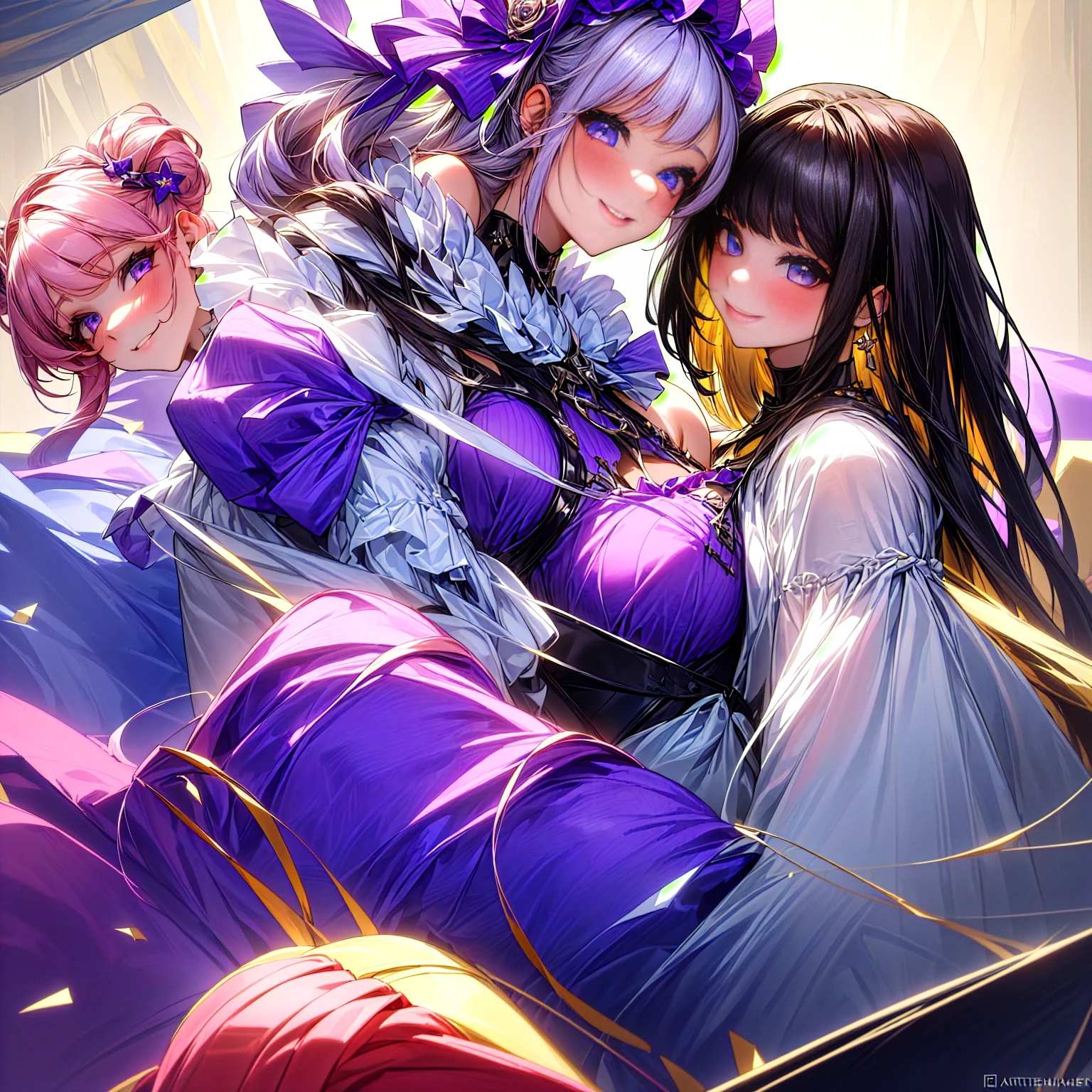 A young and beautiful woman and a mature and seductive woman:1.2,(Highest quality,Extremely detailed depiction,Incredibly absurd high resolution,Anatomically accurate depiction,Curvy Legs,Vertically drawn pupils,Shiny skin,Porcelain-like skin),(Succubus Sisters),(Elegant Gala Dresses,Fluffy Dress,Conservative dress,Gorgeous)eyelash,Sweat,(Glowing purple eyes,Crazy Eyes,Large Breasts,A seductive smile,lustrous red lips,Flashy makeup,Sisters' Seductive Gestures,Sisters hugging each other:1.3,Half-closed eyes:1.5),Luxury accessories,earrings,necklace,Bracelet,whole body,