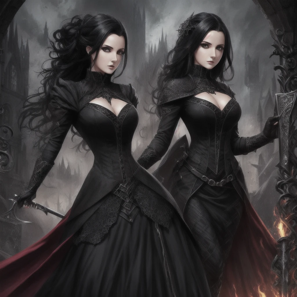 Woman, root of all evil, evil woman ,Beautiful, black hair, black eyes, attractive body,Curved,Gothic clothes,Medieval RPG ,English style suit 1890.