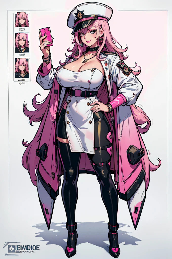 (masterpiece, best quality, high resolution, ((huge breasts)) 1 mature woman, very long wavy pink hair, pink lips, white military clothes, cyberpunk style, pantyhose, heels, necklace, bracelets, earrings, cyberpunk style military hat , smile ( white background, stickers. Redmond), ((full body standing)),
