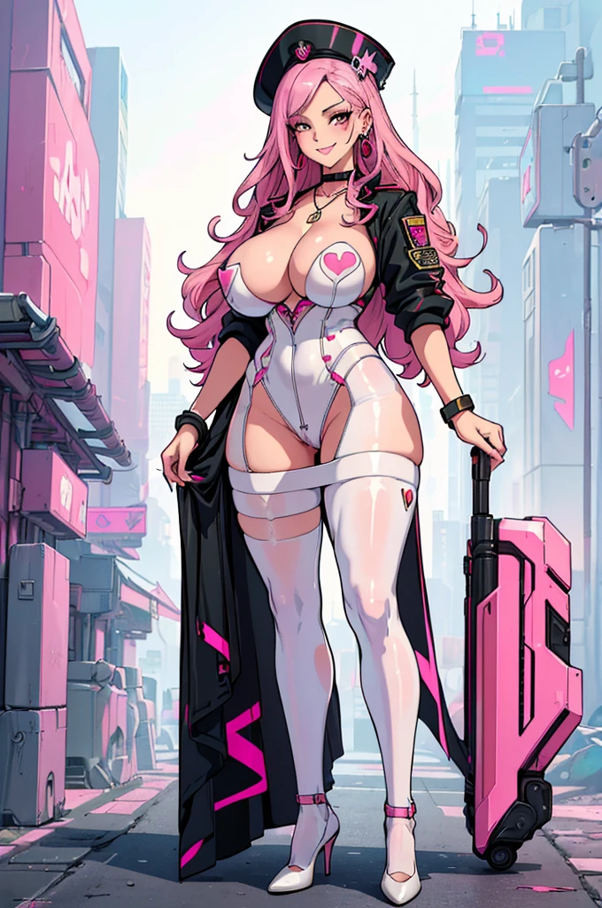 (masterpiece, best quality, high resolution, ((huge breasts)) 1 mature woman, very long wavy pink hair, pink lips, white military clothes, cyberpunk style, pantyhose, heels, necklace, bracelets, earrings, cyberpunk style military hat , smile ( white background, stickers. Redmond), ((full body standing)),
