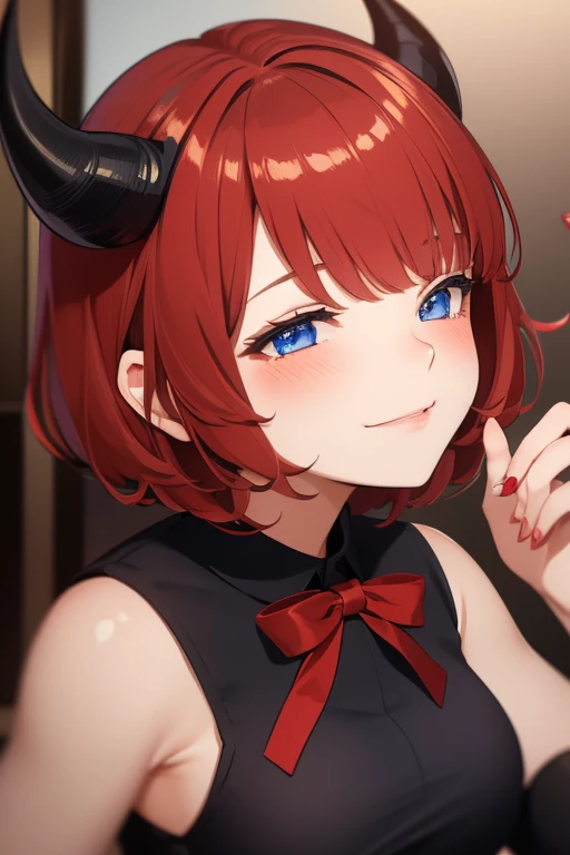 1girl, Blue eyes, Red Eyes, Short Hair, Bangs, Ribbon, Jewelry, Horns, Blush, Closed Eyes, Smile, Red Hair, Shiny Hair, Curly Hair,