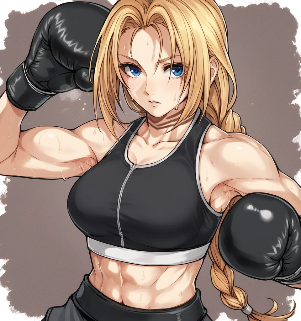 score_9, score_8_up, score_7_up, score_6_up, Detailed Background, BREAK
 koasmirage, 1girl, long hair, sports bra, klausian neck markings, sweating,showing armpit,blonde hair, blue eyes, single braid,BREAK
boxing ring, boxing gloves, mma,