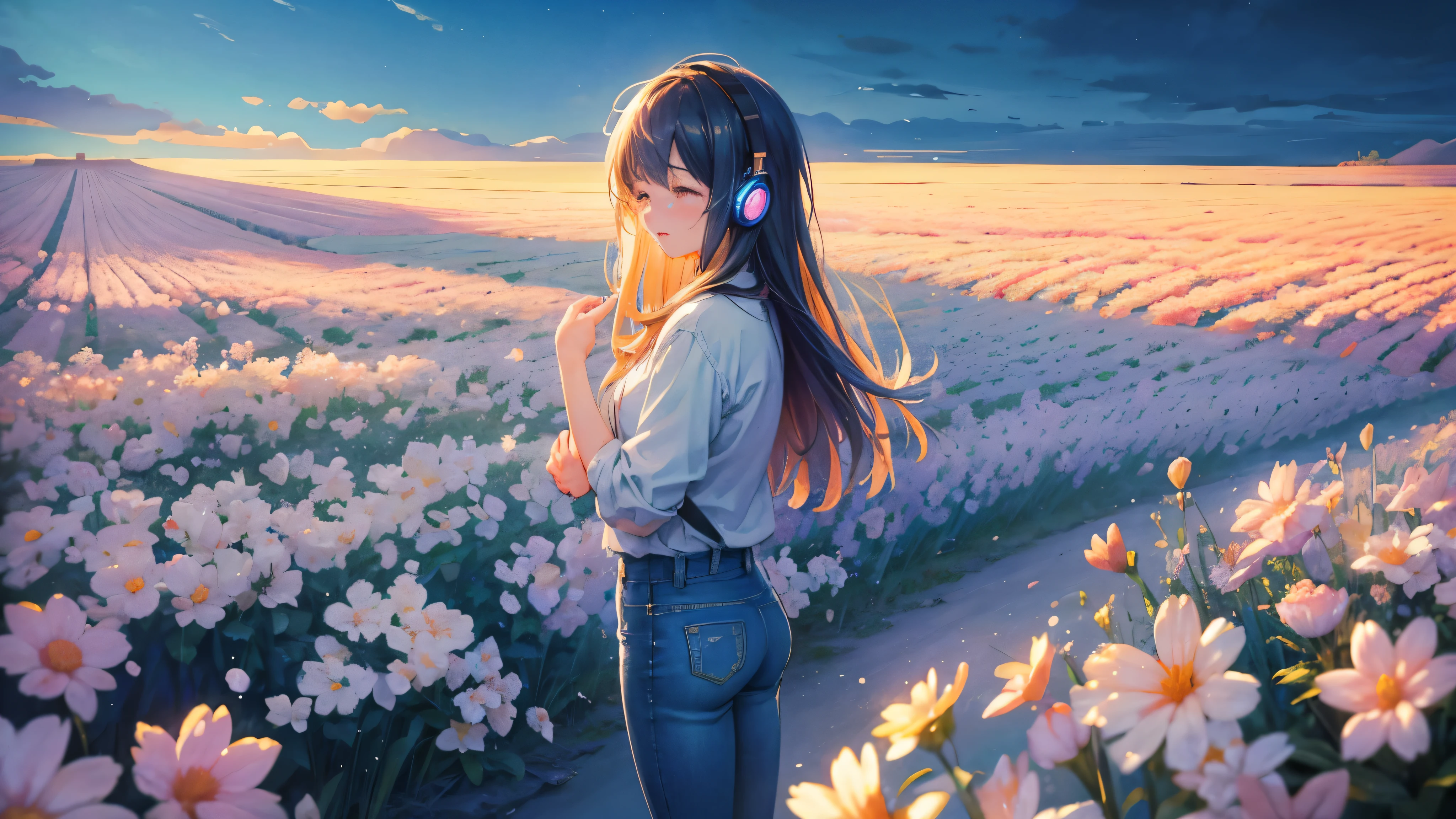 Clear sky、Standing in a flower field and looking up at the sky、Denim pants、Tears、I have headphones on、Are standing, behind-the-head headphones, streaming tears, gradient_eyes, tears, sad, cinematic lighting, from side, UHD, highres, best quality, 8k