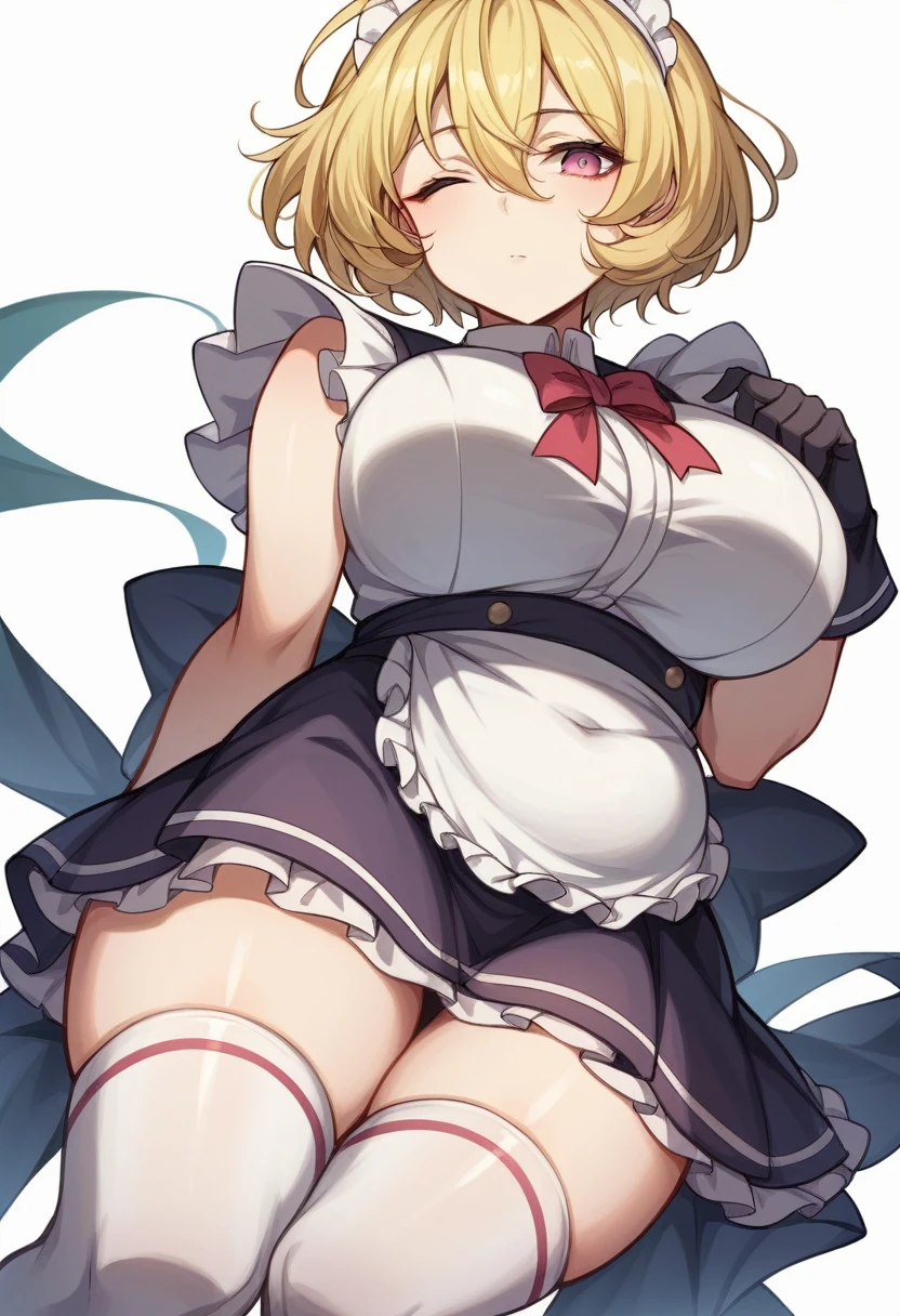 (One girl)、(bob cut)、((Blonde))、(sidelock)、(Sato Air)、(slan eyes)、(boyish)、cute、(Big super breasts)、Chubby、Maid clothes、No sleeve、mini skirt、White sleeveless、thigh-high socks thighhighs、(long gloves)、hairs between eyes、(coarse hair)、flipped hair、pink eye、expressionless、one eye closed、arm behind back、White Background